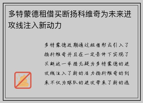 多特蒙德租借买断扬科维奇为未来进攻线注入新动力 多特蒙德租借买断扬科维奇为未来进攻线注入新动力